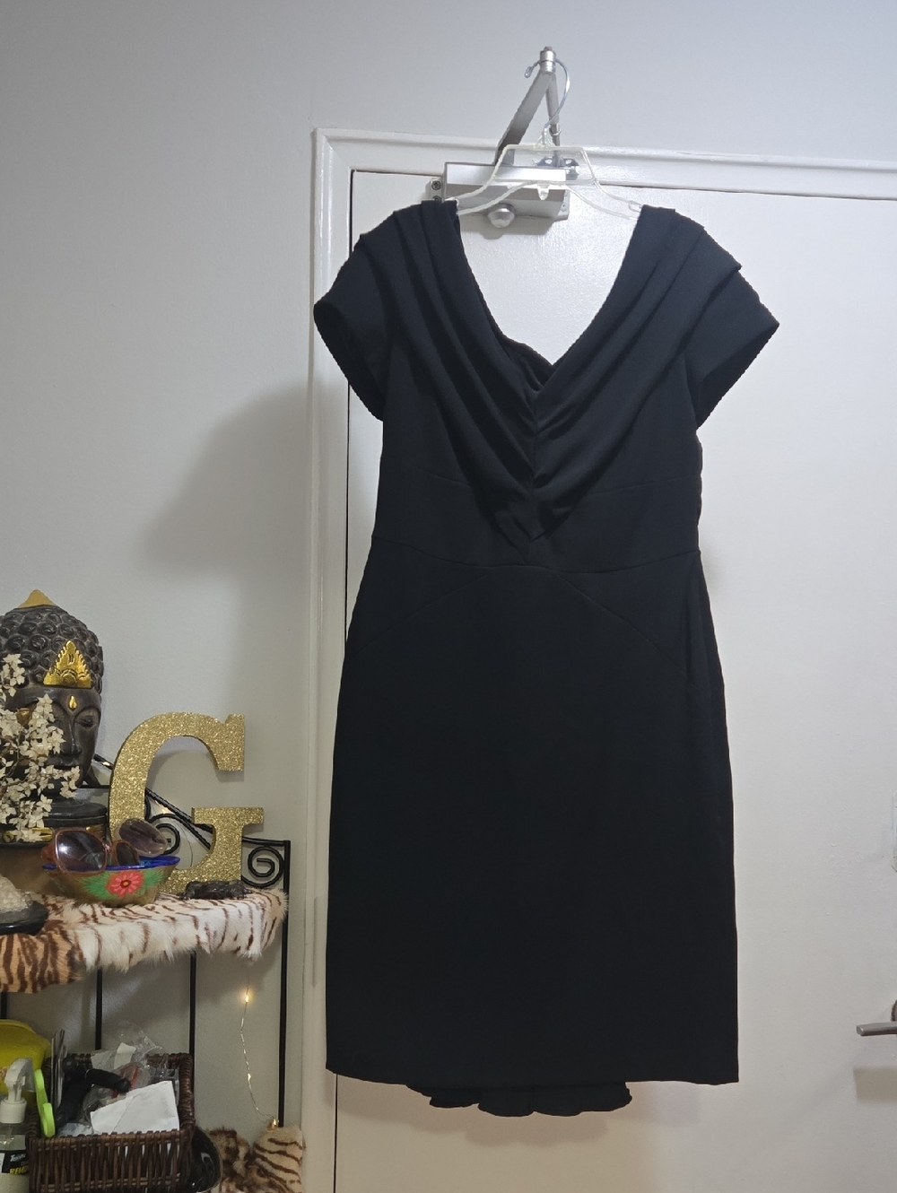 Black Draped V-Neck Midi Dress